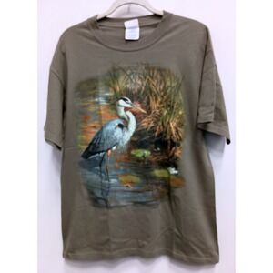 VTG M&O Knits Heron Bird T-Shirt Mens Large Green Nature Graphic Short Sleeve